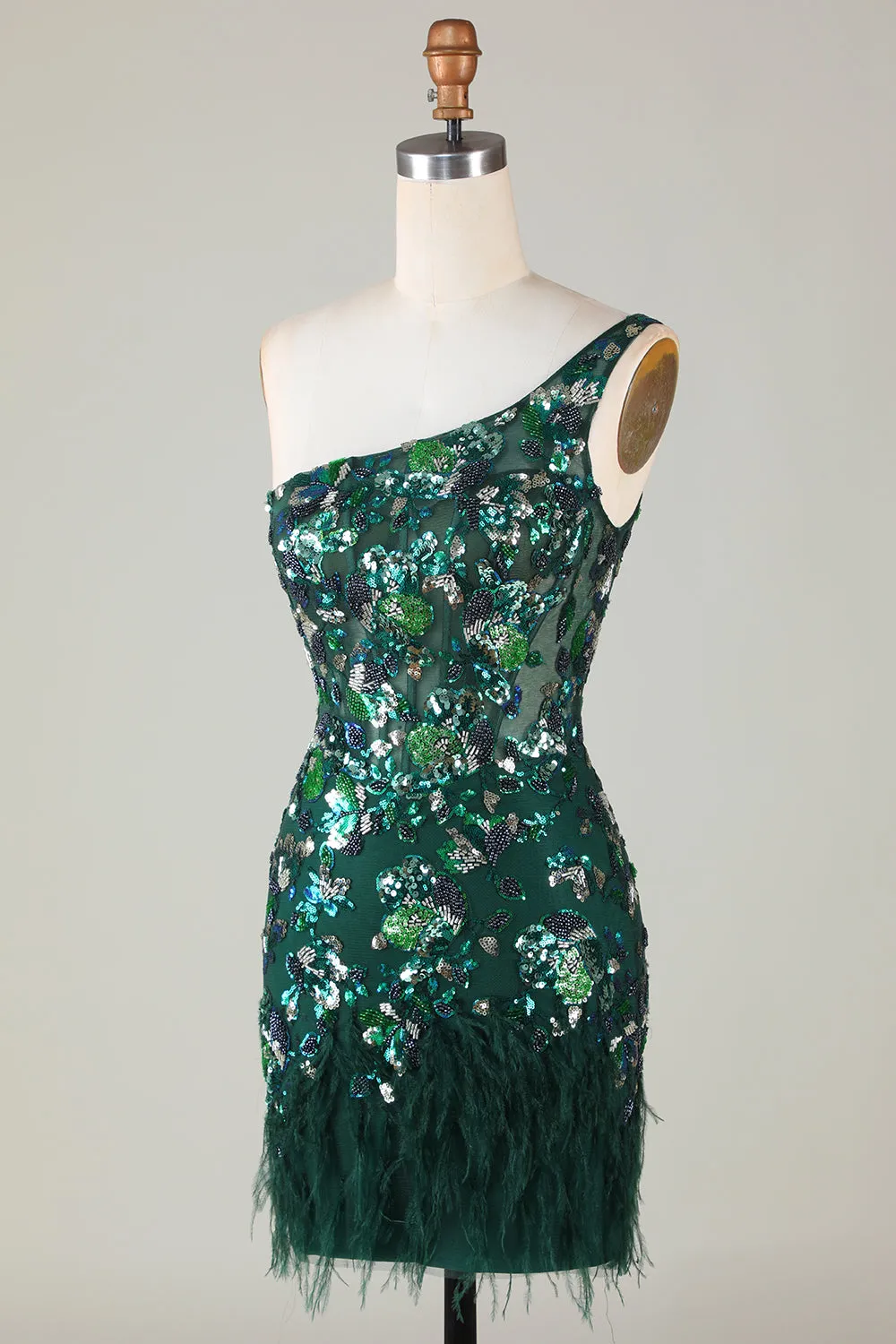 Bodycon One Shoulder Dark Green Sequins Short Homecoming Dress with Feather sold by Zapaka product image thumbnail 3