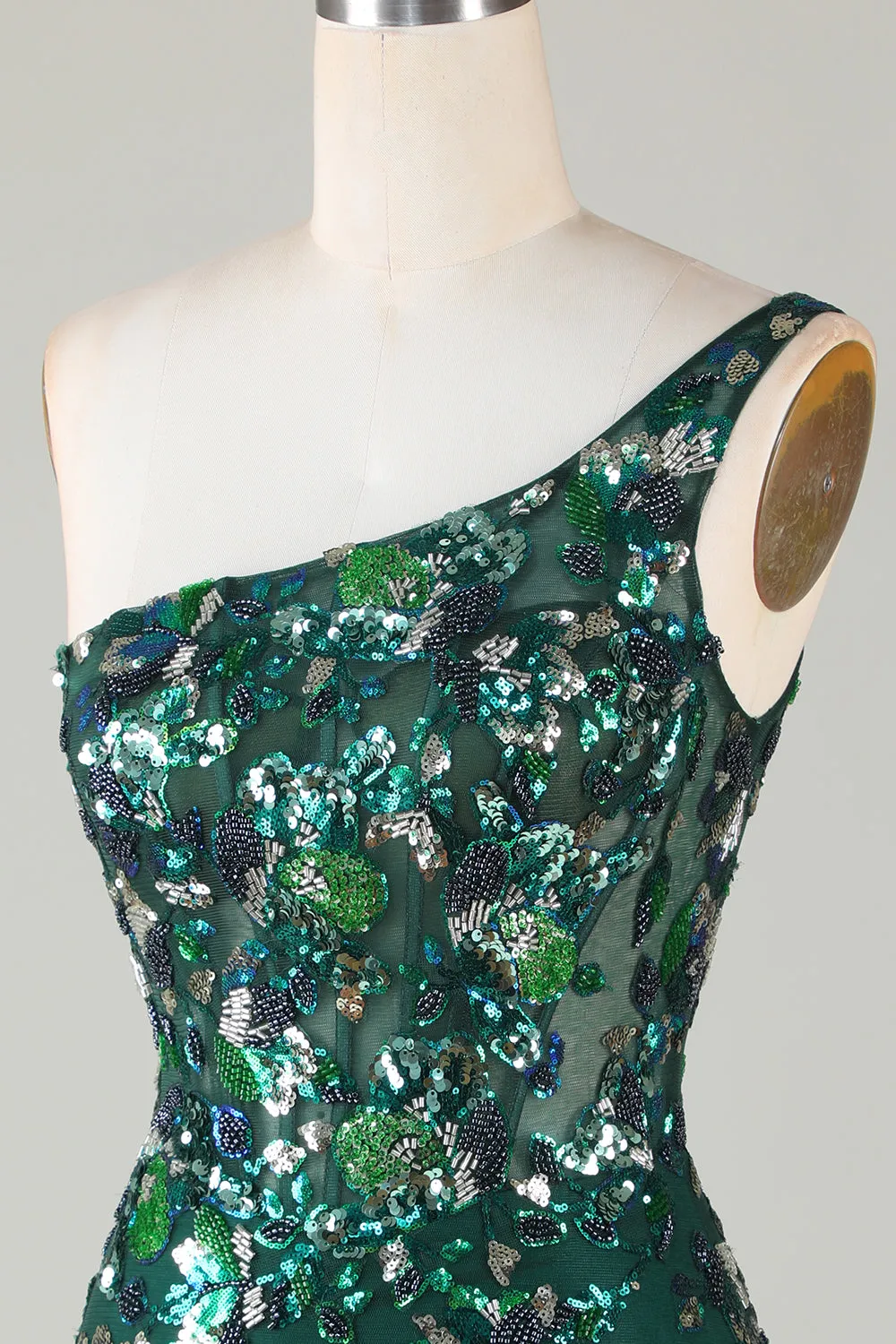 Bodycon One Shoulder Dark Green Sequins Short Homecoming Dress with Feather sold by Zapaka product image thumbnail 5