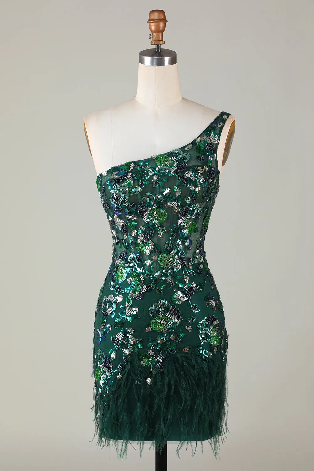 Bodycon One Shoulder Dark Green Sequins Short Homecoming Dress with Feather sold by Zapaka