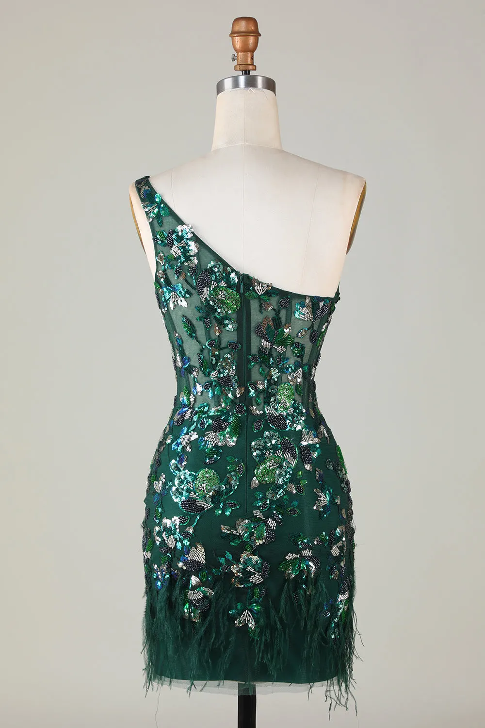 Bodycon One Shoulder Dark Green Sequins Short Homecoming Dress with Feather sold by Zapaka product image thumbnail 2