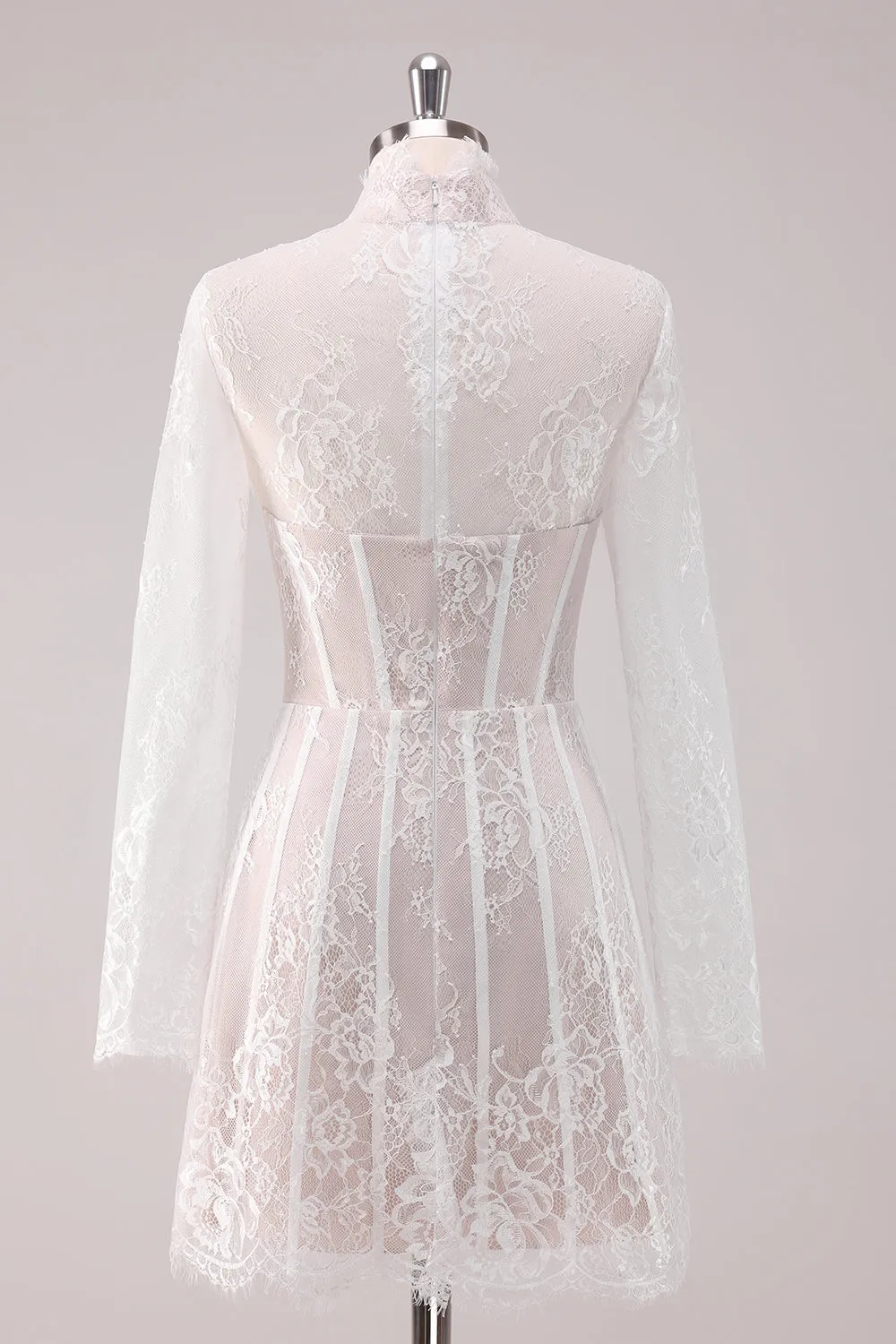 White Lace High Neck Corset Short Homecoming Dress with Long Sleeves sold by Zapaka product image thumbnail 2