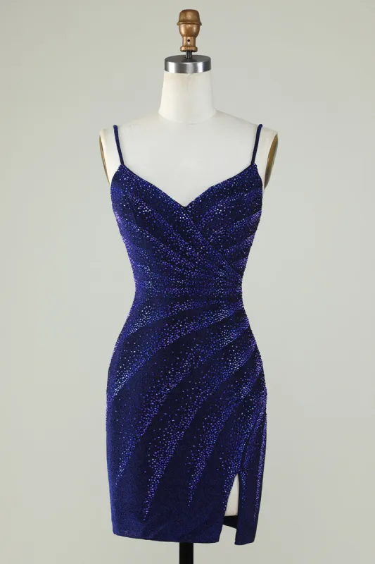 Sparkly Sheath Spaghetti Straps Royal Blue Short Homecoming Dress with Beading sold by Zapaka