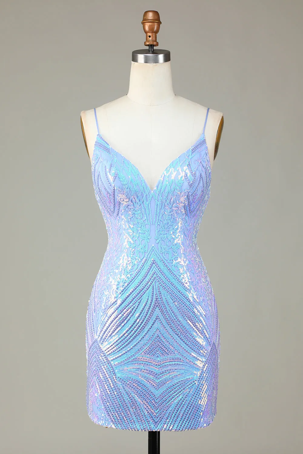 Sparkly Sheath Spaghetti Straps Blue Sequins Short Homecoming Dress with Backless sold by Zapaka