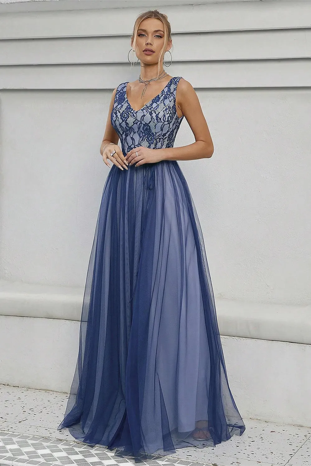 Blue A-Line V-Neck Long Prom Dress sold by Zapaka product image thumbnail 4