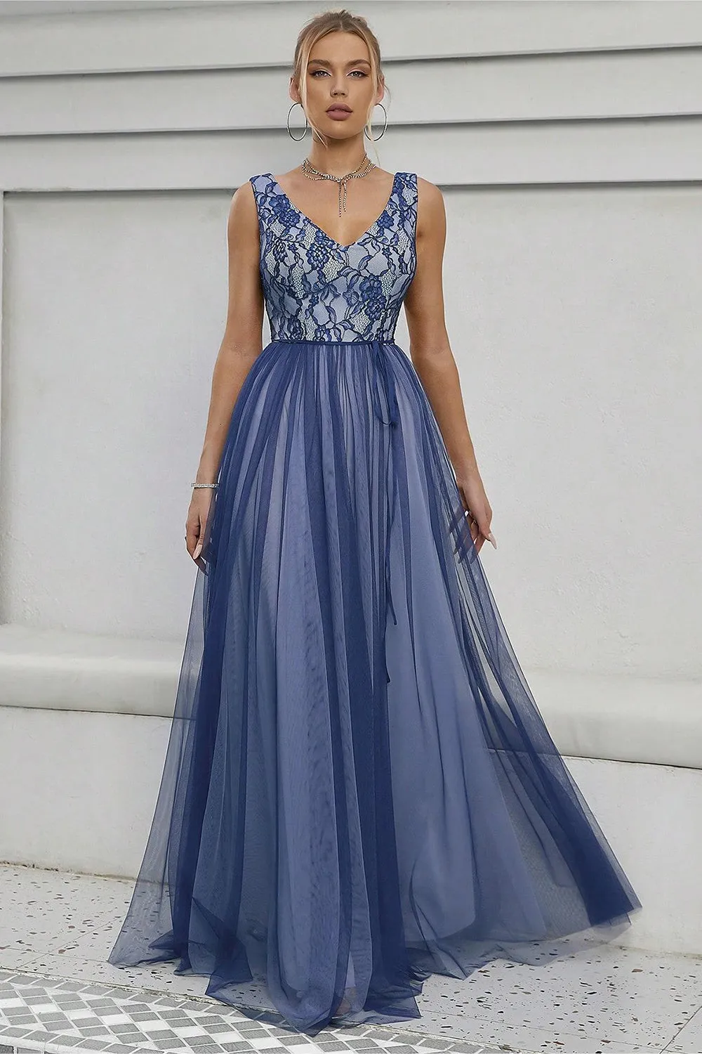 Blue A-Line V-Neck Long Prom Dress sold by Zapaka