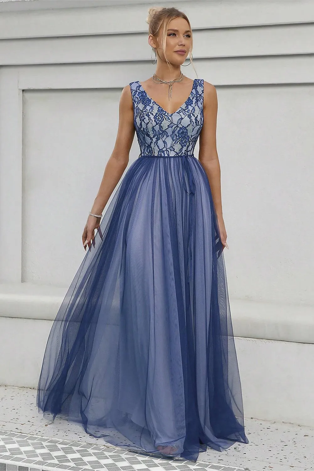 Blue A-Line V-Neck Long Prom Dress sold by Zapaka product image thumbnail 5