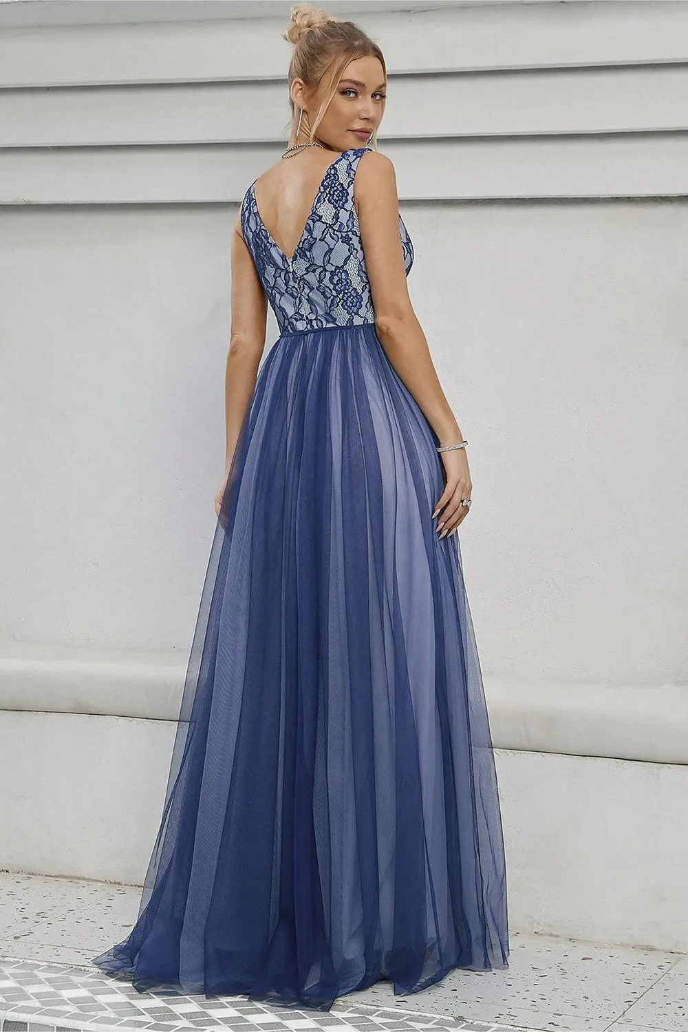 Blue A-Line V-Neck Long Prom Dress sold by Zapaka product image thumbnail 2