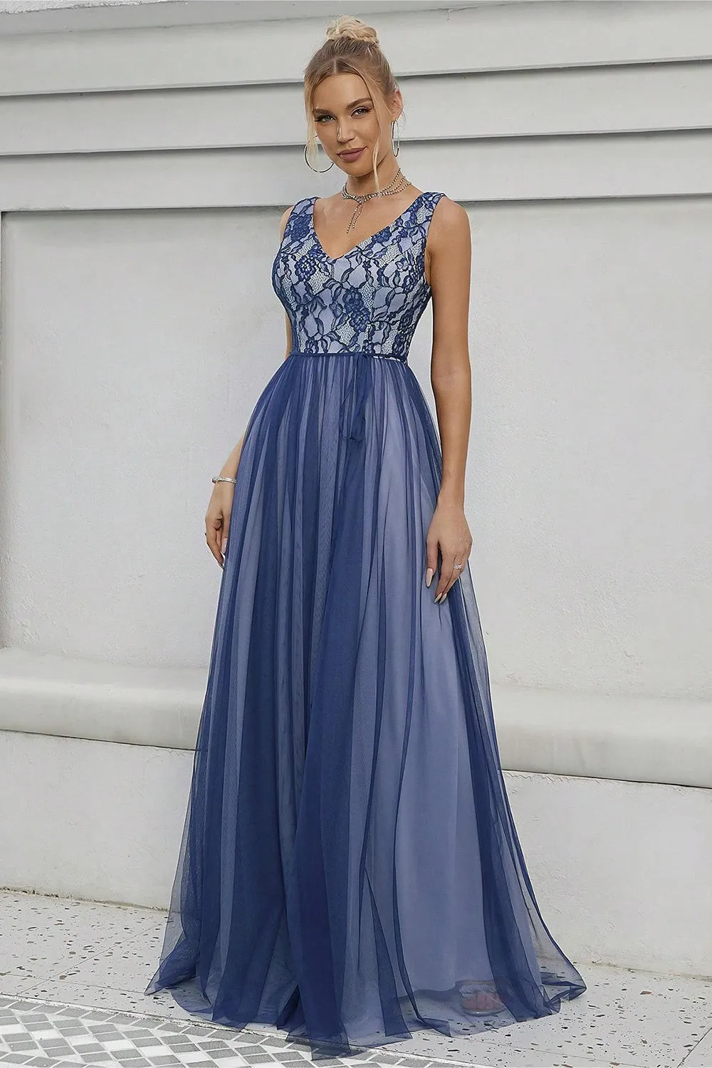 Blue A-Line V-Neck Long Prom Dress sold by Zapaka product image thumbnail 3