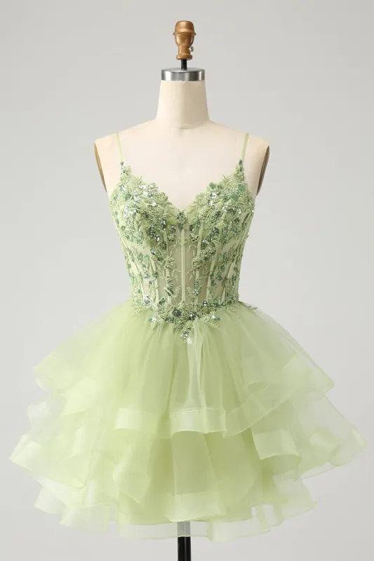 Light Green A-Line Tulle Tiered Homecoming Dress with Appliques sold by Zapaka