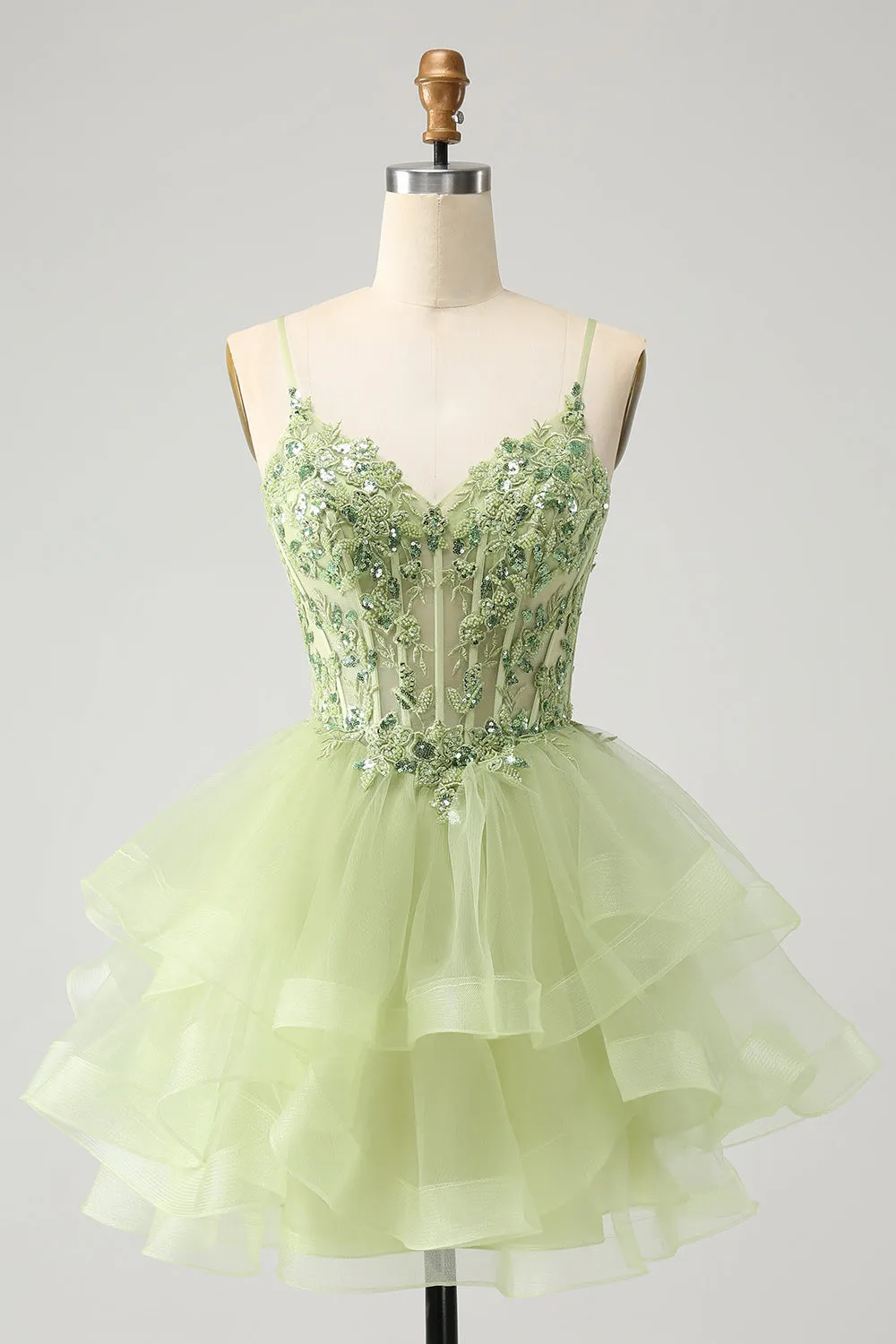 Light Green A-Line Tulle Tiered Homecoming Dress with Appliques sold by Zapaka