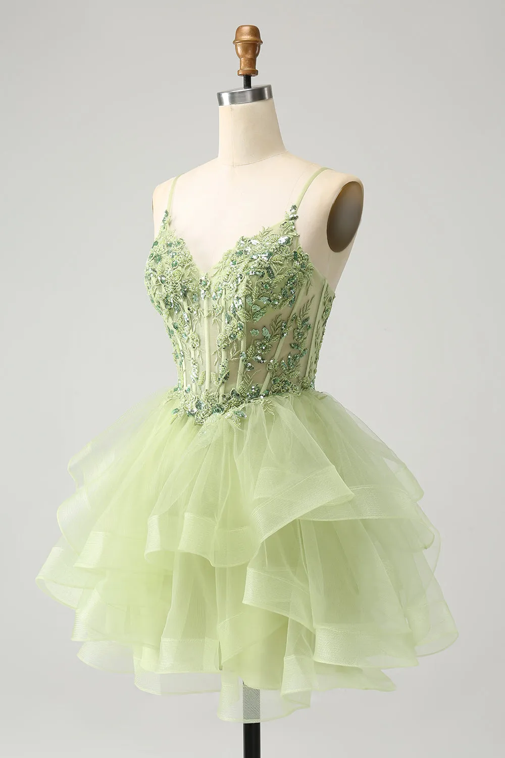 Light Green A-Line Tulle Tiered Homecoming Dress with Appliques sold by Zapaka product image thumbnail 3