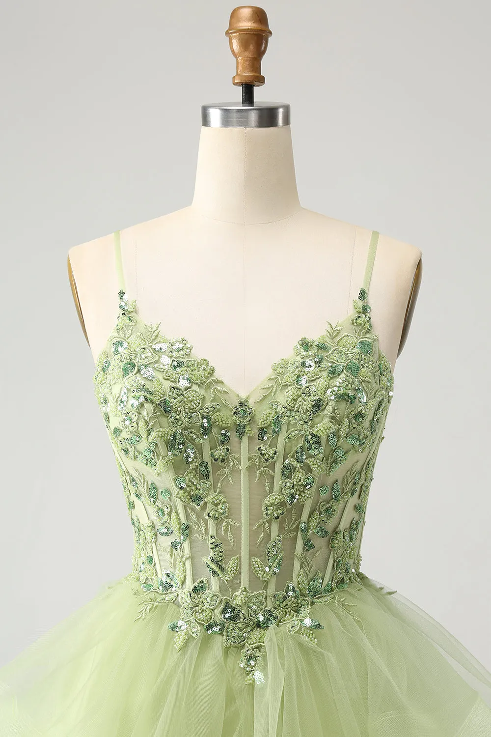Light Green A-Line Tulle Tiered Homecoming Dress with Appliques sold by Zapaka product image thumbnail 4