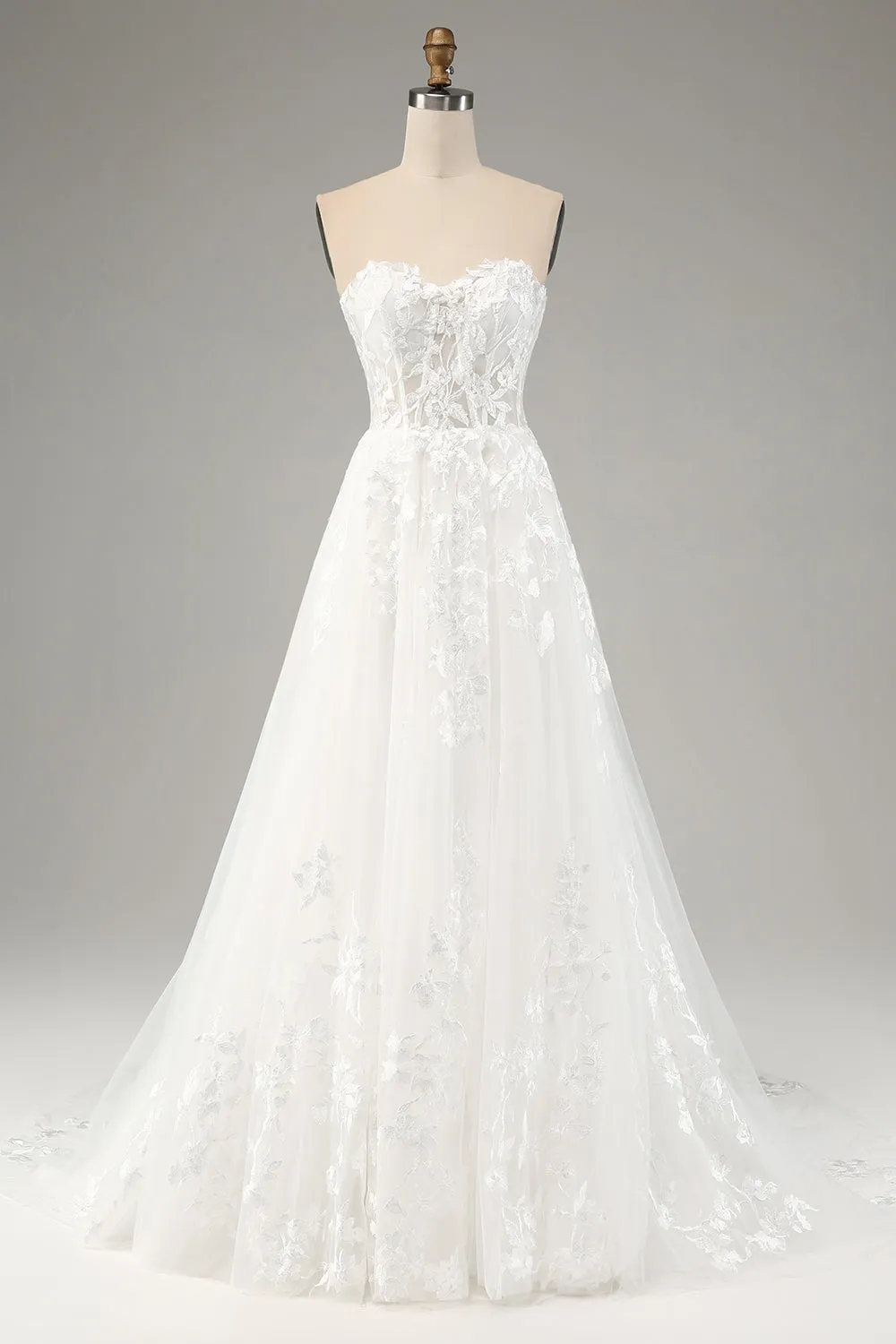 White A Line Tulle Long Sleeves Wedding Dress with Appliques Lace sold by Zapaka product image thumbnail 4