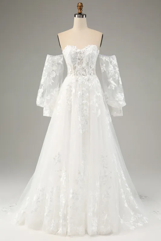 White A Line Tulle Long Sleeves Wedding Dress with Appliques Lace sold by Zapaka