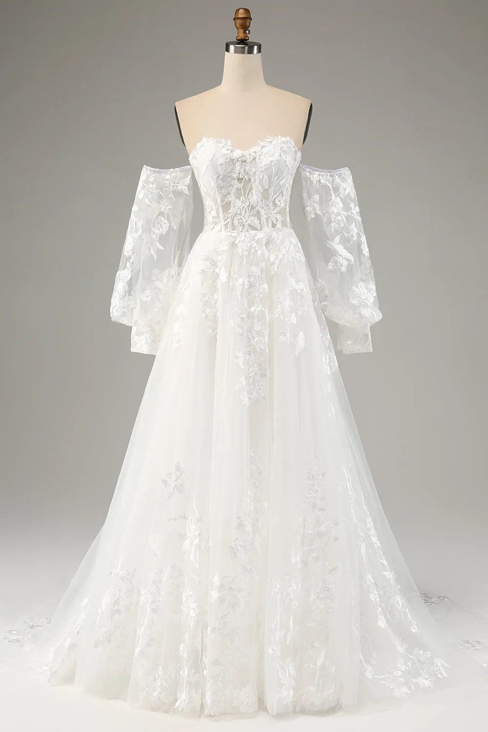 White A Line Tulle Long Sleeves Wedding Dress with Appliques Lace sold by Zapaka