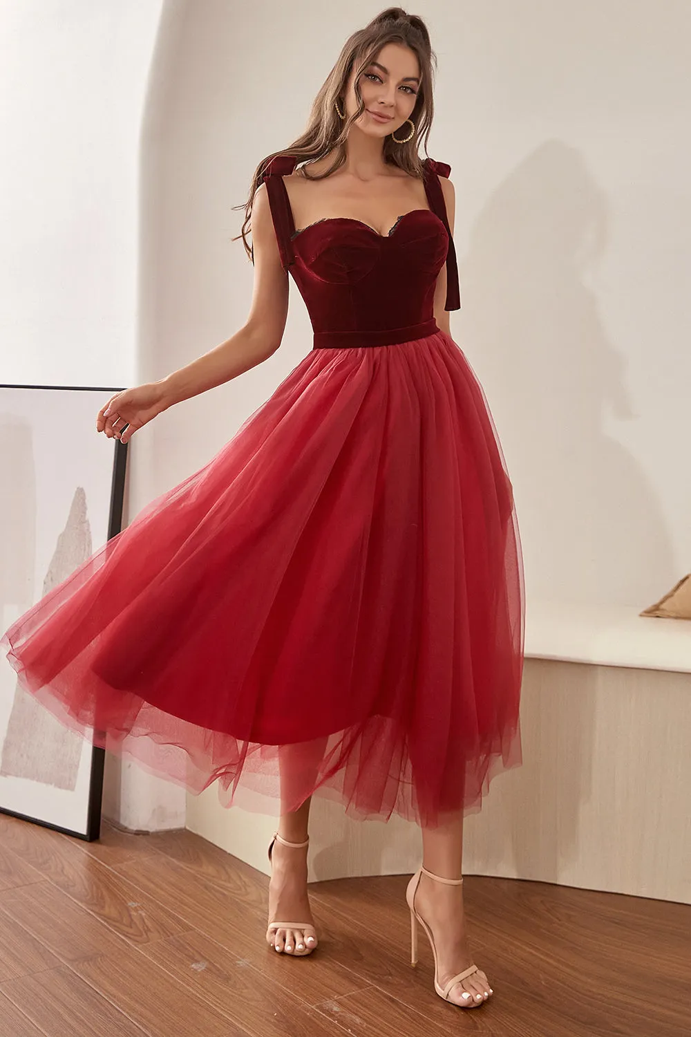 Burgundy Tulle Homecoming Dress with Bowknot sold by Zapaka