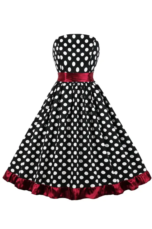 Black Strapless White Polka Dots Belted 1950s Dress With Ruffles sold by Zapaka