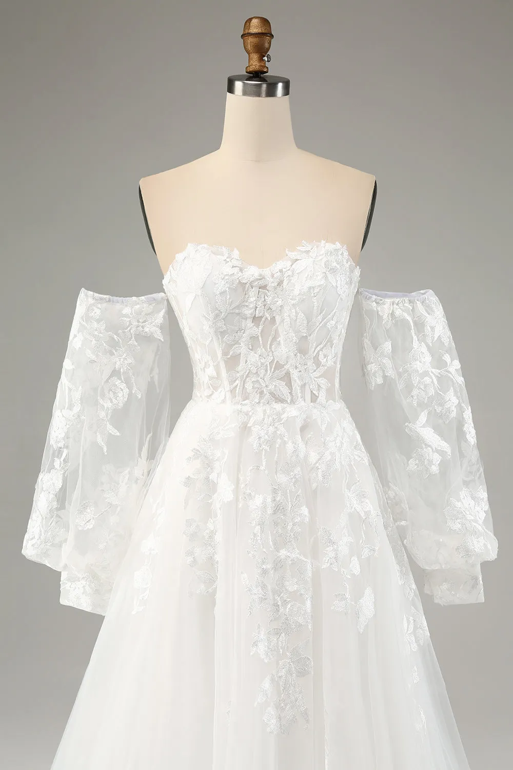 White A Line Tulle Long Sleeves Wedding Dress with Appliques Lace sold by Zapaka product image thumbnail 5