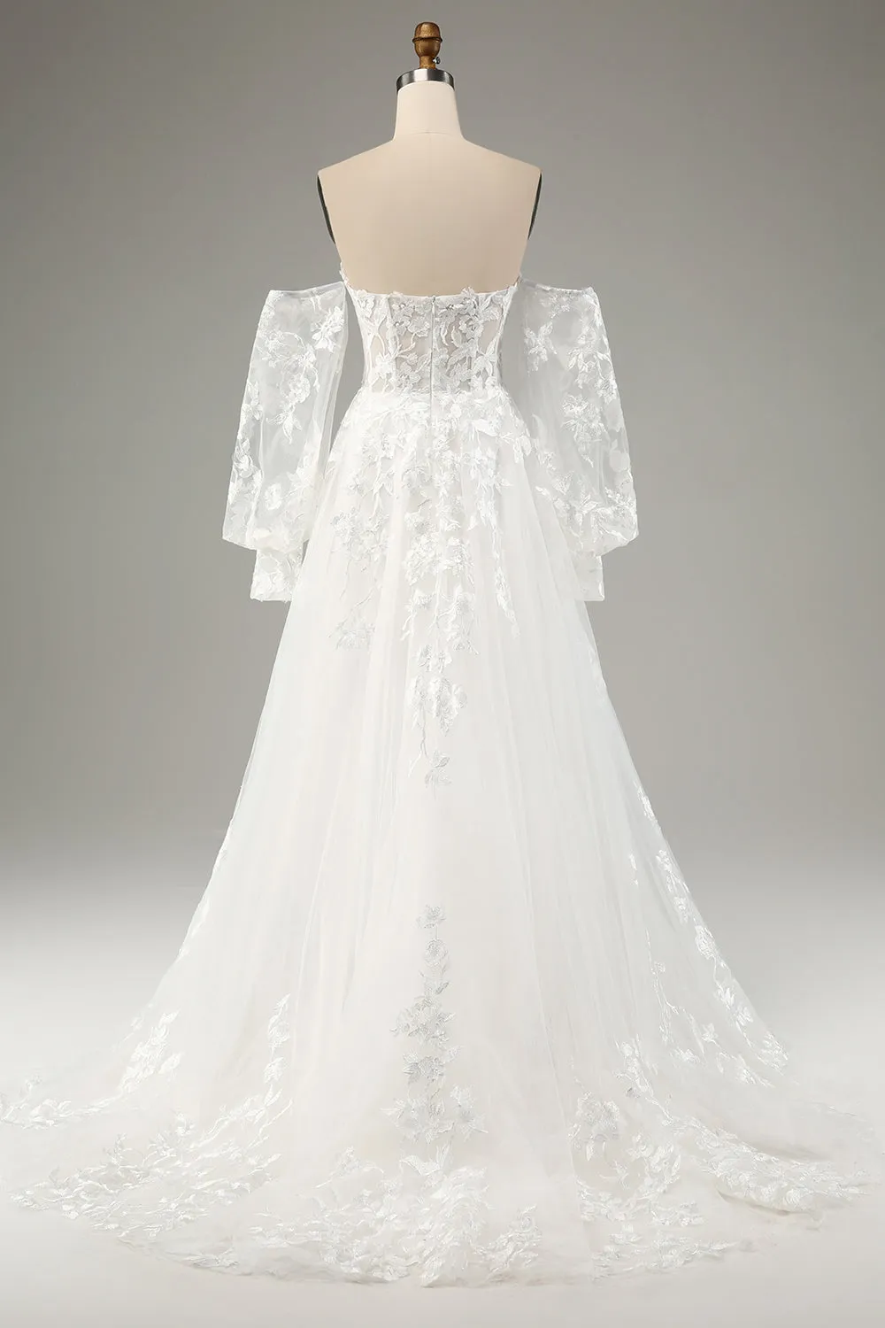 White A Line Tulle Long Sleeves Wedding Dress with Appliques Lace sold by Zapaka product image thumbnail 2
