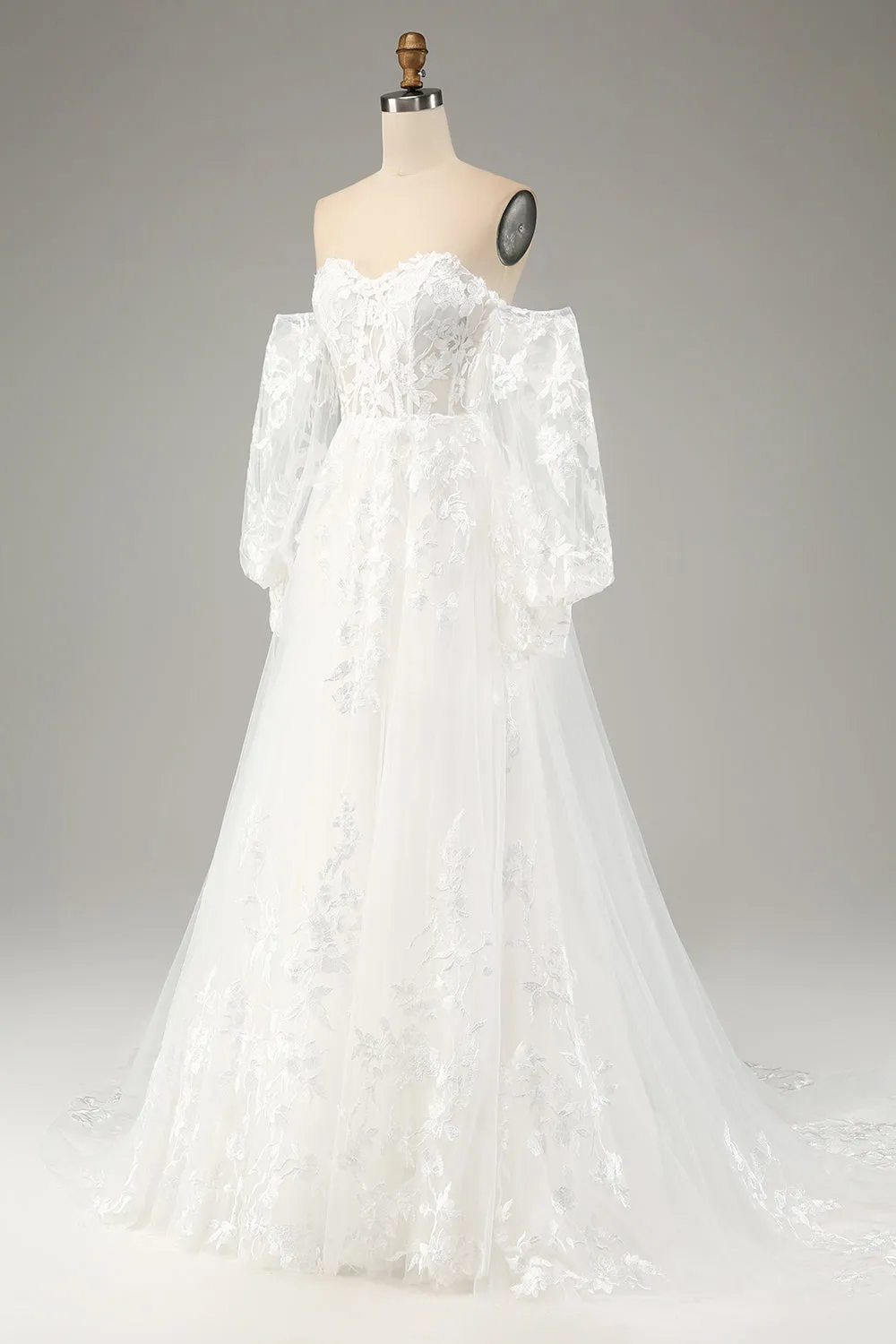 White A Line Tulle Long Sleeves Wedding Dress with Appliques Lace sold by Zapaka product image thumbnail 3