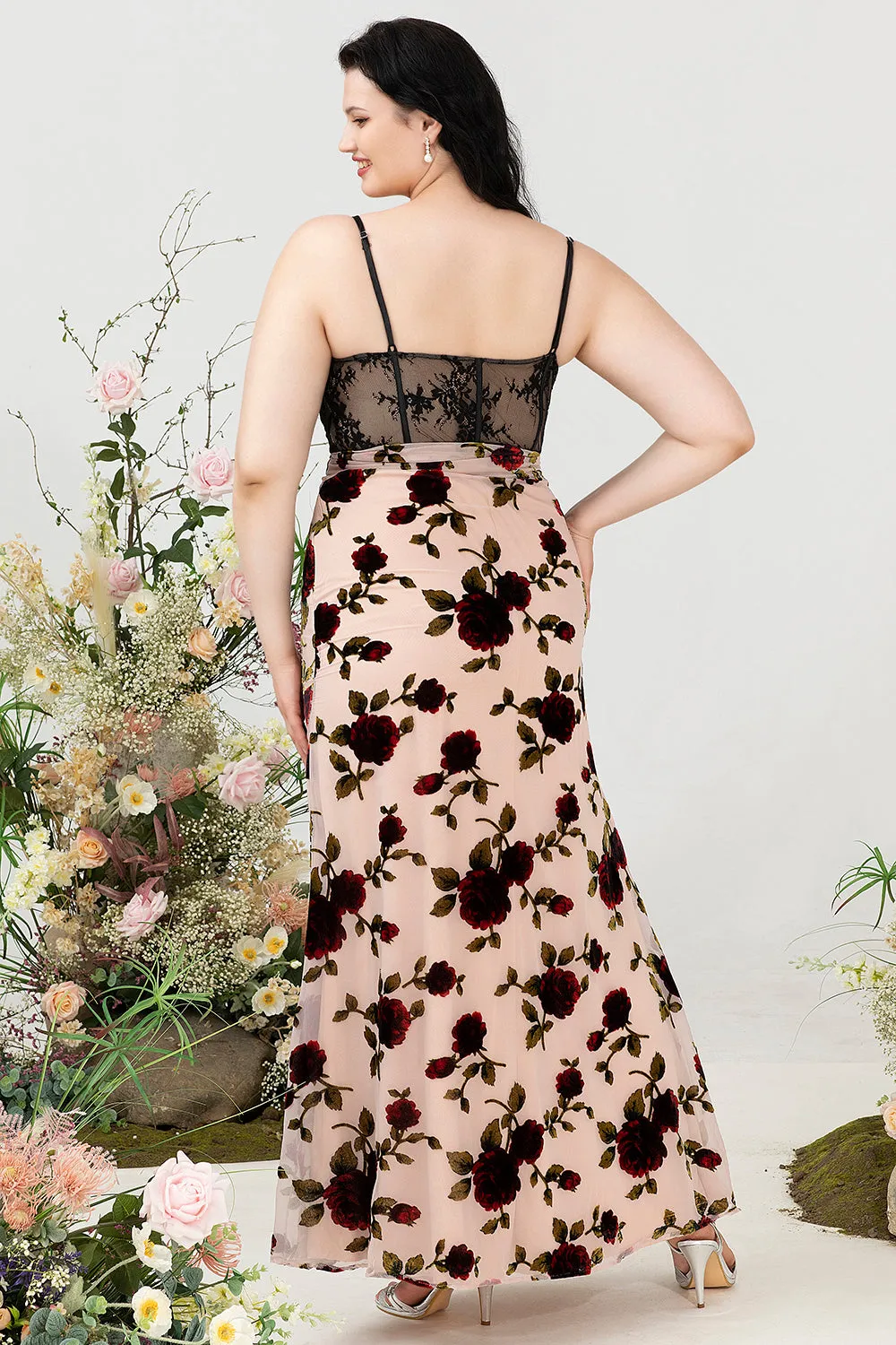 Sheath Spaghetti Straps Black Floral Plus Size Wedding Guest Dress with Slit sold by Zapaka product image thumbnail 2