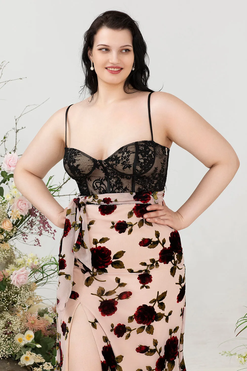 Sheath Spaghetti Straps Black Floral Plus Size Wedding Guest Dress with Slit sold by Zapaka product image thumbnail 5