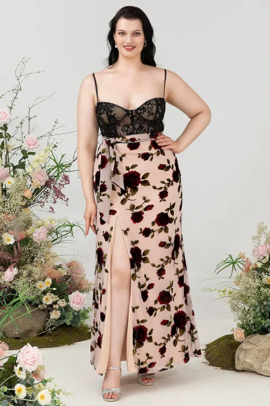 Sheath Spaghetti Straps Black Floral Plus Size Wedding Guest Dress with Slit sold by Zapaka