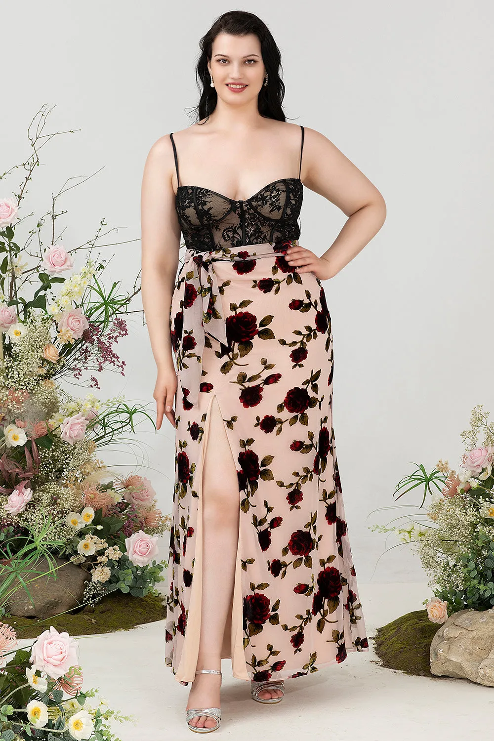Sheath Spaghetti Straps Black Floral Plus Size Wedding Guest Dress with Slit sold by Zapaka