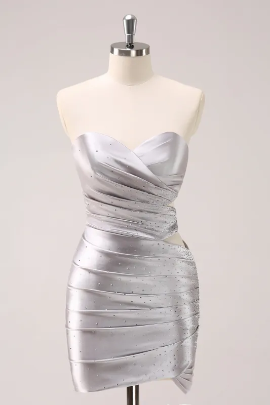 Silver Strapless Hollow Out Pleated Tight Homecoming Dress with Beading sold by Zapaka