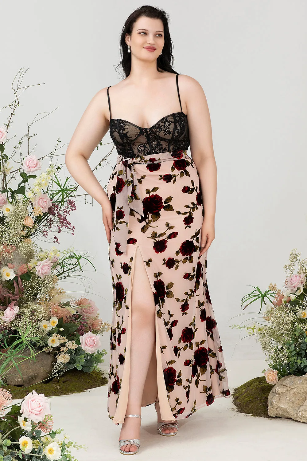 Sheath Spaghetti Straps Black Floral Plus Size Wedding Guest Dress with Slit sold by Zapaka product image thumbnail 3