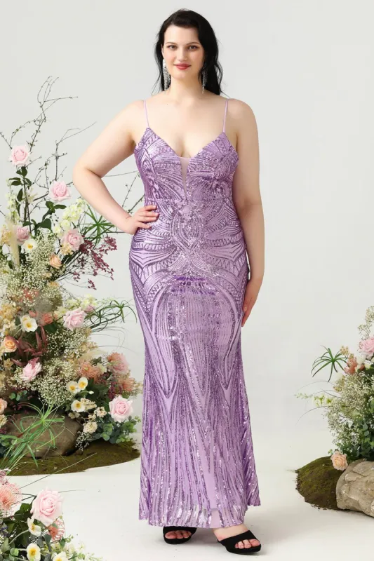 Sheath Spaghetti Straps Light Purple Sequins Plus Size Prom Dress sold by Zapaka