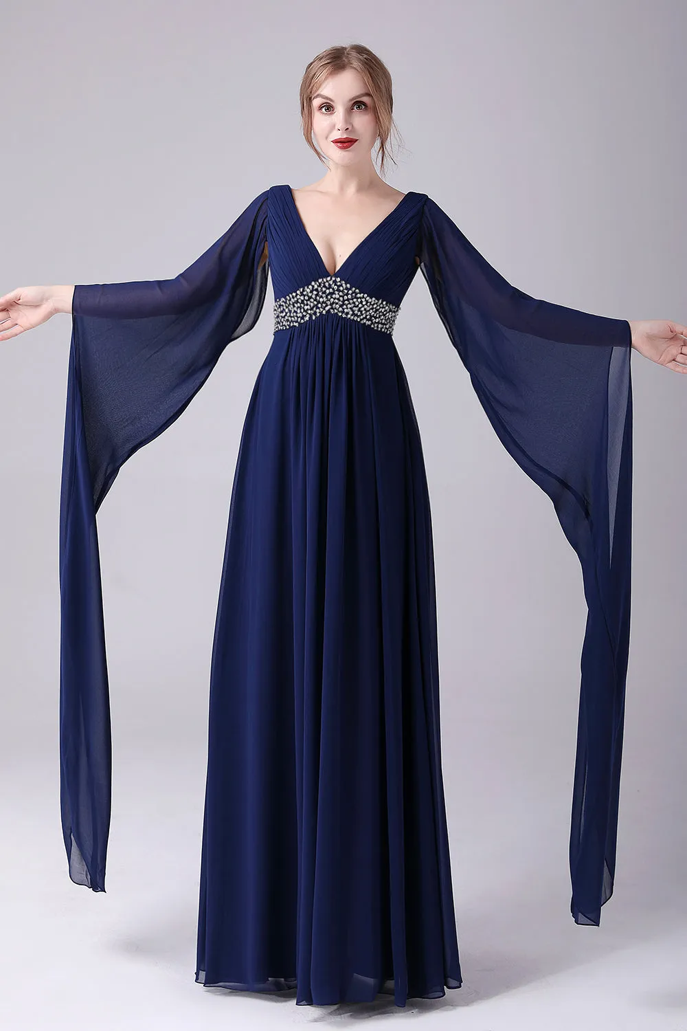 Navy A-Line V-Neck Chiffon Floor-Length Mother Of the Bride Dress With Pleated sold by Zapaka product image thumbnail 3