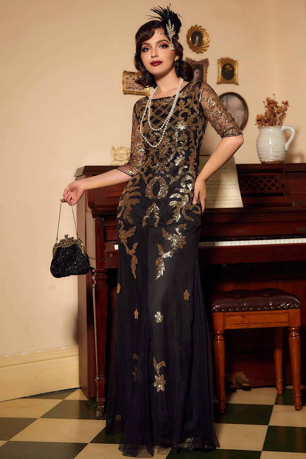 Black Golden Sequins 1920s Dress sold by Zapaka product image thumbnail 3