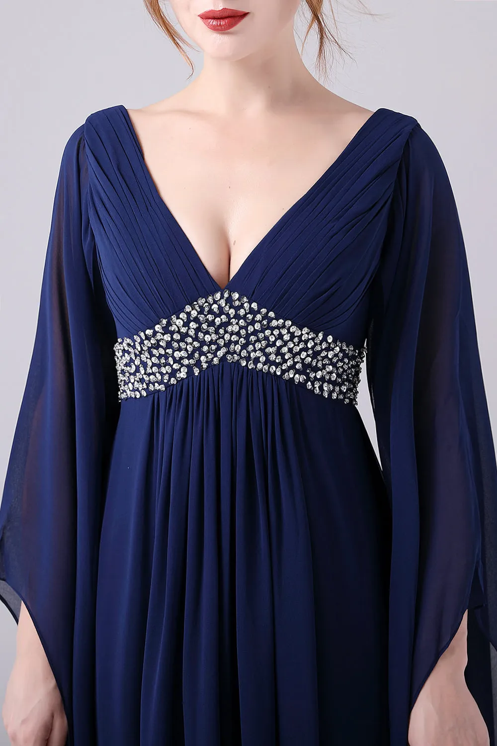 Navy A-Line V-Neck Chiffon Floor-Length Mother Of the Bride Dress With Pleated sold by Zapaka product image thumbnail 5