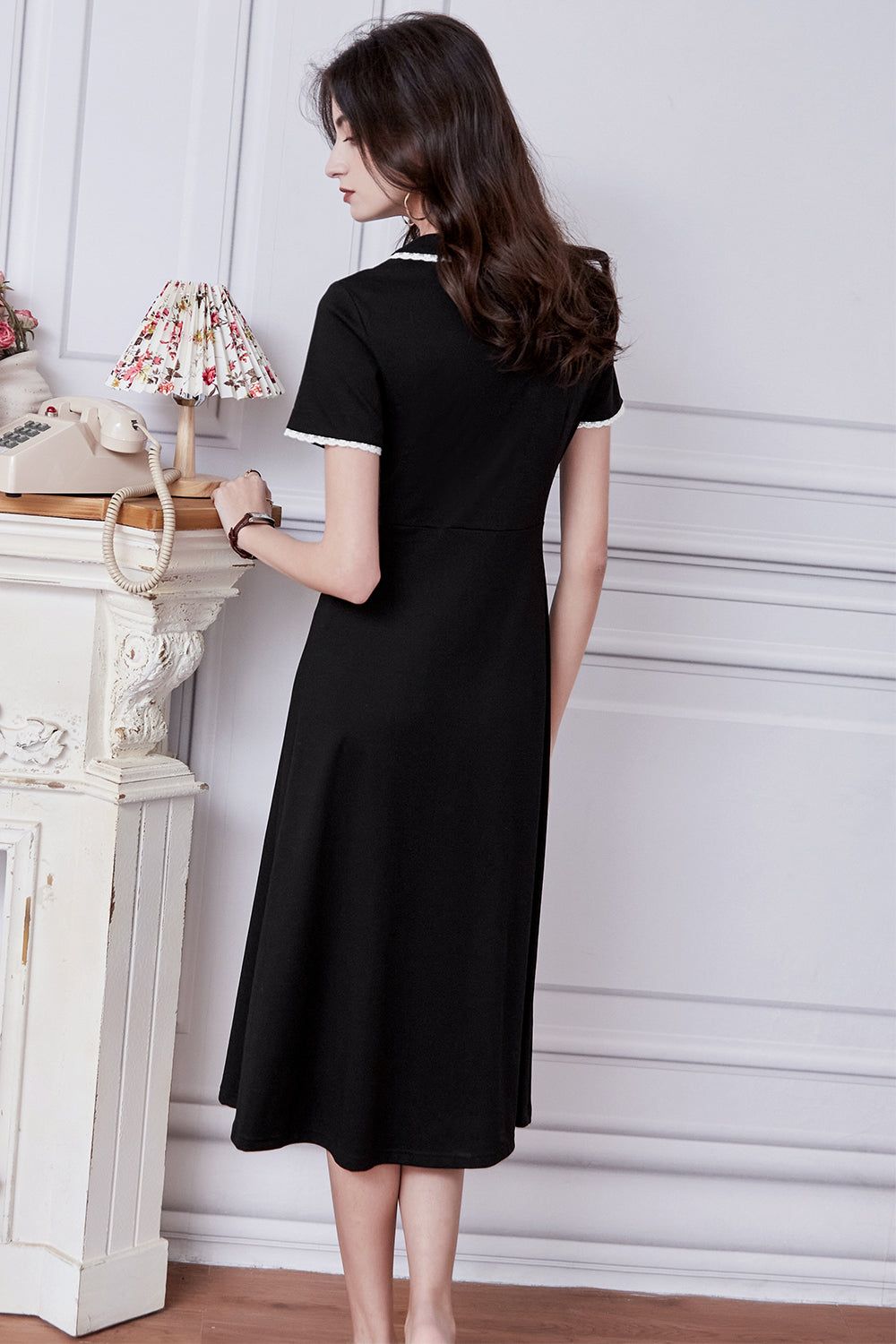 Retro Black Midi Dress with Short Sleeves sold by Zapaka product image thumbnail 2