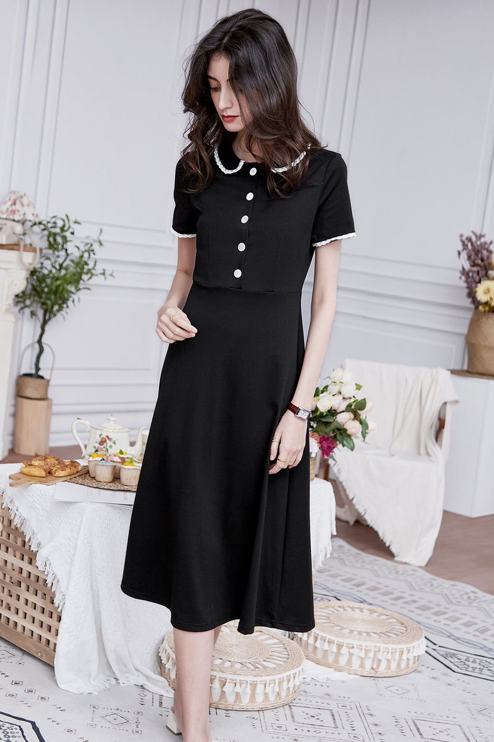 Retro Black Midi Dress with Short Sleeves sold by Zapaka product image thumbnail 4