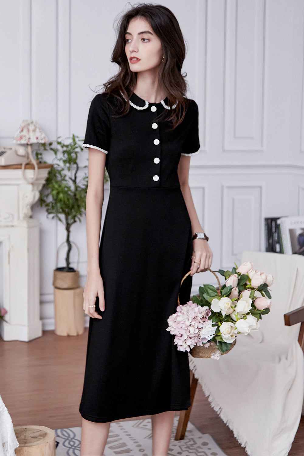 Retro Black Midi Dress with Short Sleeves sold by Zapaka