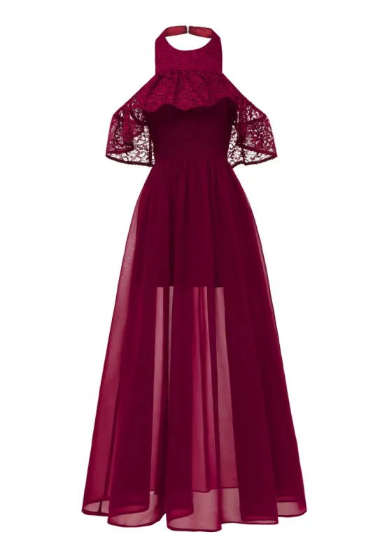 Burgundy Halter Tulle Vintage Dress With Lace sold by Zapaka