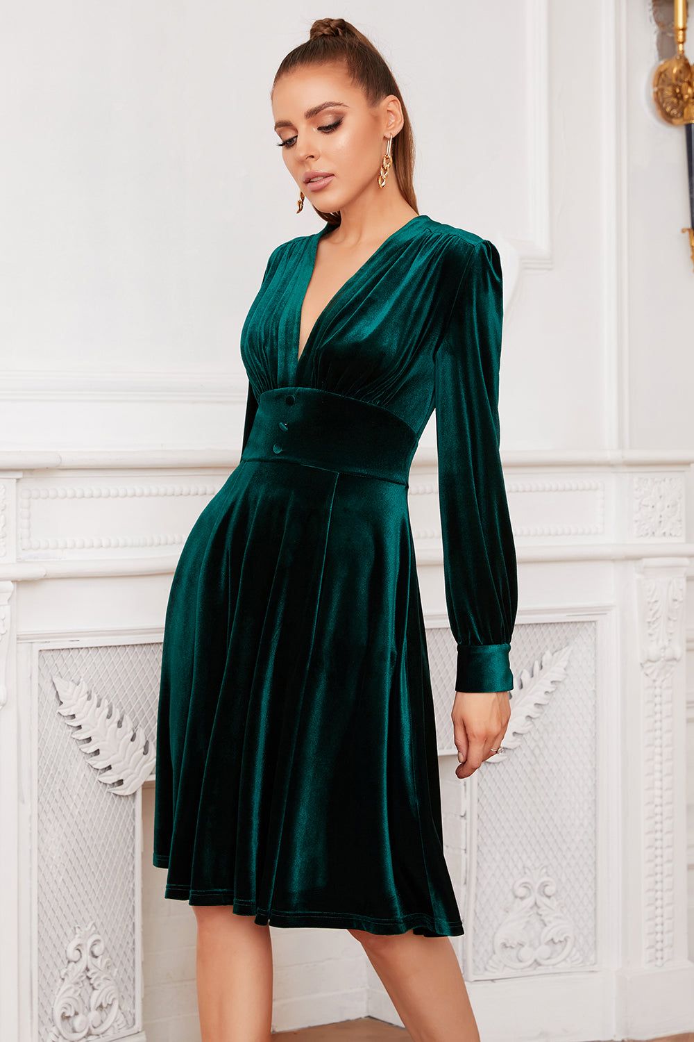 Dark Green Velvet Party Dress With Long Sleeves sold by Zapaka product image thumbnail 5