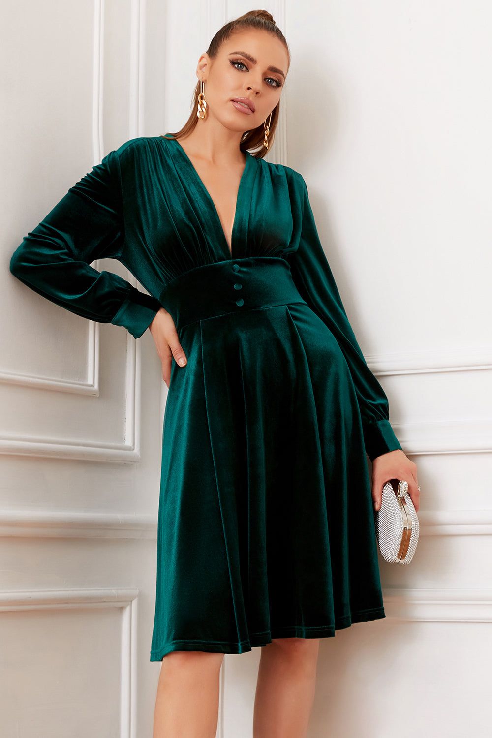 Dark Green Velvet Party Dress With Long Sleeves sold by Zapaka product image thumbnail 3