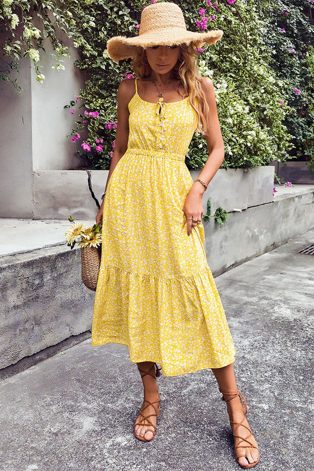 Spaghetti Straps Printed Yellow Summer Dress sold by Zapaka product image thumbnail 3