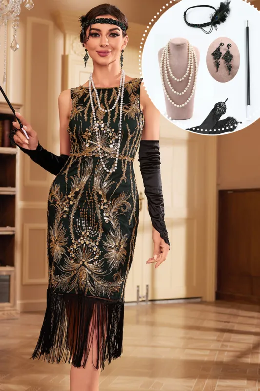 Gold and Black Green Sequins Fringed 1920s Dress with Accessories Set sold by Zapaka