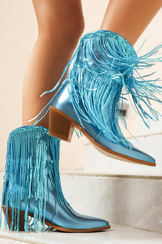 Women's Blue Fringe Metallic Pointed Toe Fashion Boots sold by Zapaka