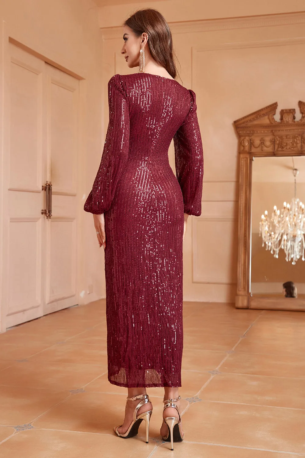 Sparkly Burgundy V-Neck Prom Dress With Long Sleeves sold by Zapaka product image thumbnail 2
