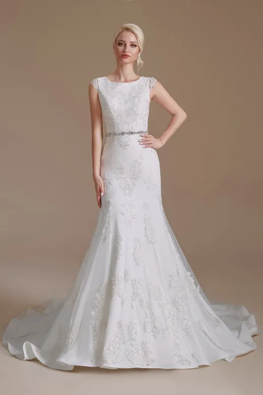 White Mermaid Cap Sleeves Bridal Dress with Lace sold by Zapaka