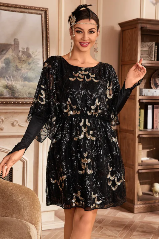 Black Sequins Flapper Dress with Batwing Sleeves sold by Zapaka