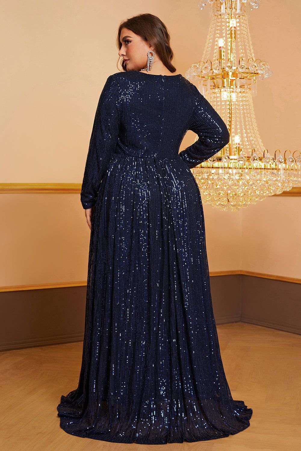 A Line Plus Size Navy V-Neck Long Sequin Prom Dress sold by Zapaka product image thumbnail 2