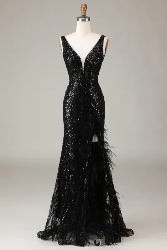 Black Sparkly Deep V-neck Mermaid Prom Dress with Feathers sold by Zapaka