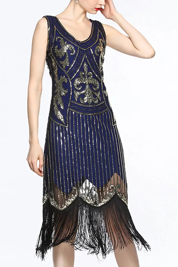 Women Navy V Neck 1920s Fringe Sequin Flapper Dress sold by Zapaka product image thumbnail 3