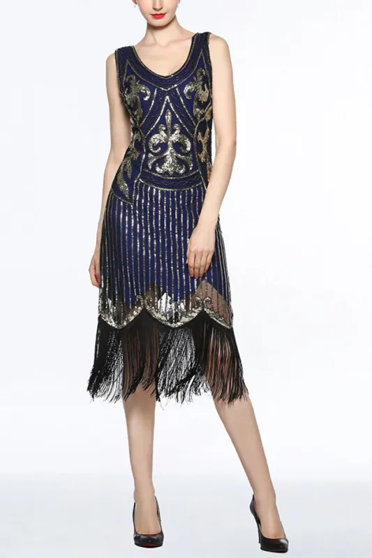 Women Navy V Neck 1920s Fringe Sequin Flapper Dress sold by Zapaka